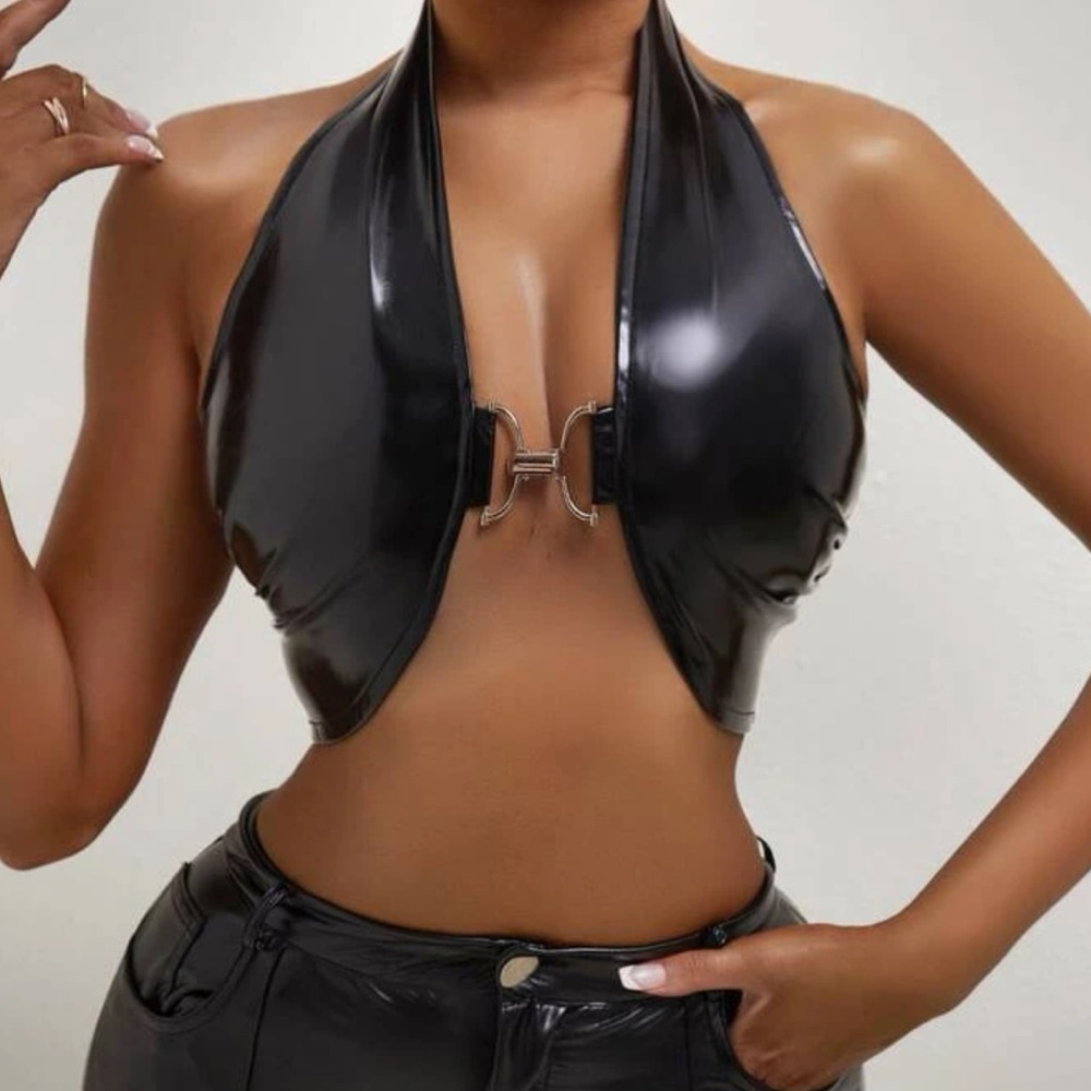 Sexy Black Faux Leather Halter Crop Top with Metal Clip